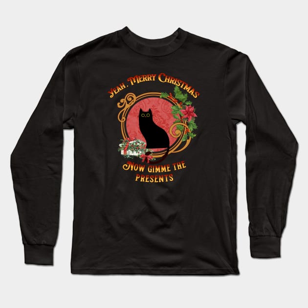 Grumpy black cat merry christmas, Festive black cat Long Sleeve T-Shirt by Catmaleon Design